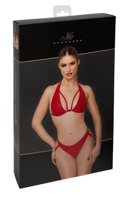 Noir Handmade Statement Bralette in Rot, Detailansicht von Verschluss und Nahtführung