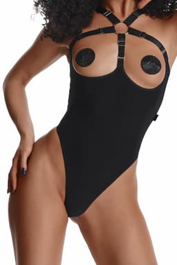 Demoniq LadyX Estrella Body, Nahaufnahme der Träger, vor neutralem Hintergrund