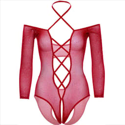 Leg Avenue Netz-Body mit Strass in Rot, Beinabschluss und Schrittbereich im Detail