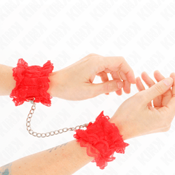 Kink Handgelenkfesseln in Rot, Gesamtansicht des Paars, Handgelenkfesseln der Kink BDSM-Serie im Karton