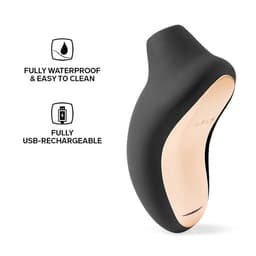 Lelo Sona 2 Cruise Schwarz neben Aufbewahrungsbeutel in gestochen scharfer Produktfotografie