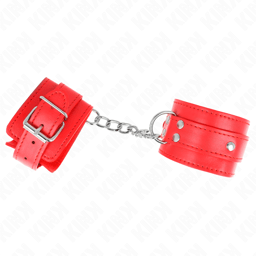 Kink Handgelenkfesseln mit 3 D-Ringen in Rot mit Verstellbereich 17,5 bis 25 cm, Größenverhältnis erkennbar