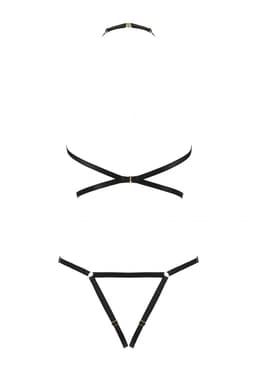Passion Ivena Teddy-Harness aus schwarzen elastischen Bändern, Detailansicht der Bänderführung über der Brust
