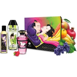 Shunga Fruity Kisses Kit, Nahaufnahme der Etiketten mit Duftangabe