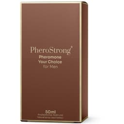 PheroStrong Your Choice Pheromon-Parfum für Männer, Flakon neben der Faltschachtel