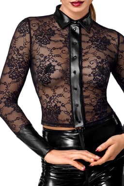 Noir Handmade F377 Noirelle Spitzenshirt in Schwarz, Detailansicht des Kragens