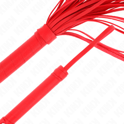 Kink Weich-PVC-Peitsche Rot schräg von der Seite, herabfallende Riemen sichtbar