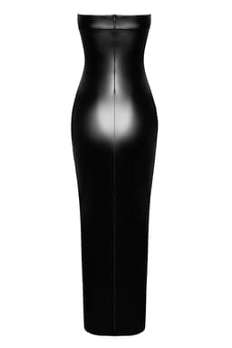 Noir Handmade Wetlook-Maxikleid in Schwarz, Detailaufnahme des bodenlangen Schnitts