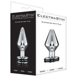 ElectraStim Mini Analplug aus Metall von der Seite, konische Form und Nitrilringe im Detail