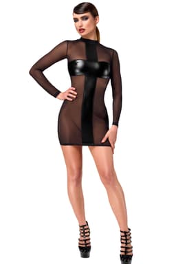 Noir Handmade F369 Crossfire Minikleid in Schwarz, Nahaufnahme der kreuzenden Power-Wetlook-Einsätze