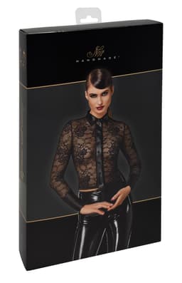 Noir Handmade F377 Noirelle Spitzenshirt in Schwarz, Ansicht der breiten Power-Wetlook-Manschetten