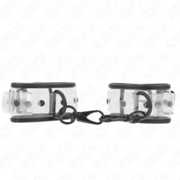 Kink Handgelenkmanschetten Transparent von der Seite fotografiert, Verschluss und D-Ring im Detail