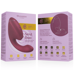 Womanizer Duo Next Klitoris- und G-Punkt-Stimulator in Dunkelrosa, Verpackung mit Produktabbildung und Markenlogo