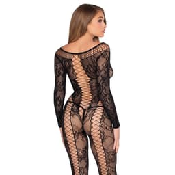 Leg Avenue Jumpsuit aus Netz und Spitze von hinten, Rückenverlauf mit Schnüroptik