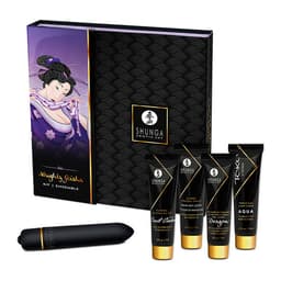 Shunga Naughty Geisha Kit, Gesamtansicht aller Produkte und des Vibrationsgeschosses