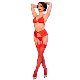 Chilirose Spitzen-Set in Rot mit Strumpfgürtel, Detailaufnahme von Gewebe und Verarbeitung