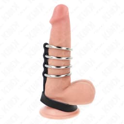 Kink Penisring-Set mit vier Metallringen und Lederband, Gesamtansicht