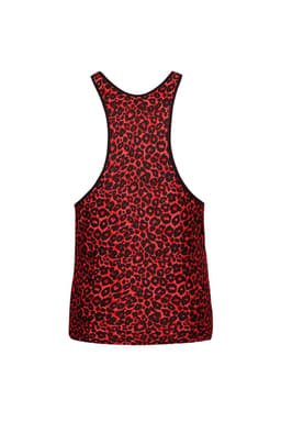 Anais Men Tribal, ärmelloses Top aus roter Mikrofaser, Animal-Print, Seitenansicht mit Fokus auf den Sitz am Körper