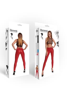 Demoniq Black Rose Lidia – rote Leggings im Wetlook, Detailansicht des Materialmixes