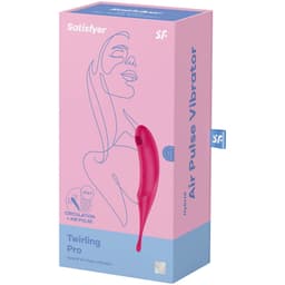Satisfyer Twirling Pro Druckwellenvibrator aus medizinischem Silikon neben der Produktverpackung liegend