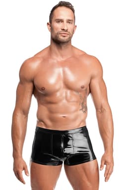 Noir Handmade Voltage Lack-Shorts in Schwarz, komplette Gesamtansicht von vorne