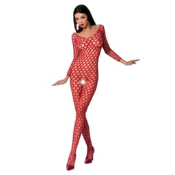 Passion BS077 Bodystocking in Rot, Gesamtansicht des transparenten Kleidungsstücks aus Netz und Spitze