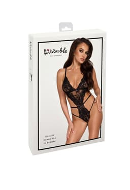 Kissable Stringbody in Schwarz am Model getragen, Ansicht von hinten im Ganzen