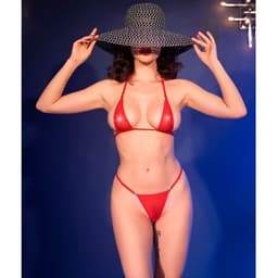 Chilirose Mikro-Bikini aus transparentem Tüll mit Strass, Halbkörperansicht von vorne