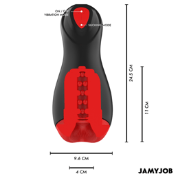 Jamyjob Core-X Masturbator mit Blick auf die mundförmige Öffnung aus Silikon