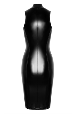 Noir Handmade Wetlook-Midikleid in Schwarz am Model getragen, seitliche Ansicht im Ganzen