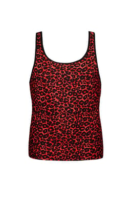 Anais Men Tribal, ärmelloses Top aus roter Mikrofaser, Animal-Print, Nahaufnahme des Stoffs und der Verarbeitung