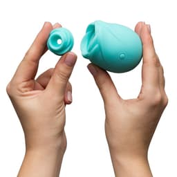 ROMP Rose Glow rosenförmiger Klitoris-Druckwellenvibrator, Seitenansicht mit Blütenblättern und Stimulationsdüse