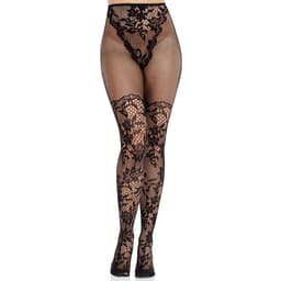 Leg Avenue Dahlia Spitzenstrümpfe in Schwarz, halterloses Paar in der Gesamtansicht