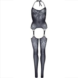 Nahaufnahme der nahtlosen schwarzen Spitze des Leg Avenue Bodystockings