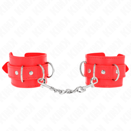 Kink Handgelenkfesseln mit 3 D-Ringen in Rot von der Seite, D-Ringe und Riemenverschluss im Detail