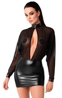 Noir Handmade Tüll-Minikleid in Schwarz, Detailaufnahme der zwei Druckknöpfe am Neckholder