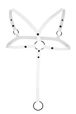 Cut4Men Body-Harness in Weiß, Detailaufnahme der Metallringe an den Kreuzungspunkten