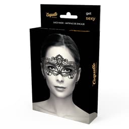 Coquette Chic Desire feine Augenmaske aus schwarzer Spitze, Detail des Bandes und der Nahtkante