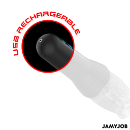 Jamyjob Blow-R Masturbator liegend, gesamte Länge mit Griff im Überblick