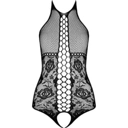 Passion BS094 Ouvert-Bodystocking aus Netz und Spitze flach liegend, komplette Schnittform erkennbar