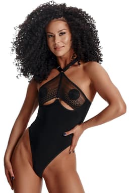 Demoniq LadyX Trini – Body aus blickdichtem Stoff und Spitze, Detailaufnahme von Material und Verarbeitung