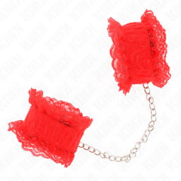 Kink Handgelenkfesseln in Rot, Nahaufnahme des Materials, Handgelenkfesseln der Kink BDSM-Serie im Karton