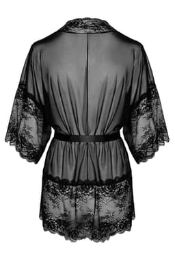 Kissable Kimono in Schwarz, Detailaufnahme des feinen Netzmaterials mit Spitze