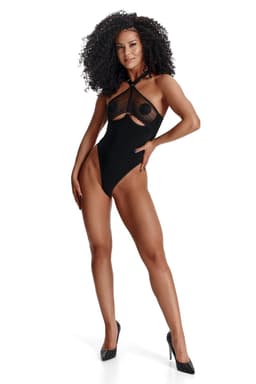 Demoniq LadyX Trini – Body aus blickdichtem Stoff und Spitze in schwarz, Gesamtansicht von vorne
