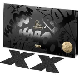 Verpackung der Bijoux Indiscrets Flash Cross Nippelabdeckungen in Schwarz