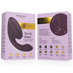 Womanizer Duo Next Klitoris- und G-Punkt-Stimulator in Dunkellila, Verpackung mit Produktabbildung und Markenlogo