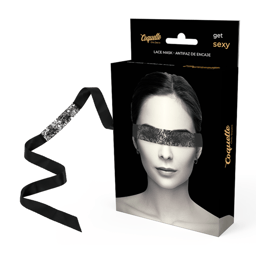 Coquette Chic Desire Augenmaske aus schwarzer Spitze mit Band, Gesamtansicht flach ausgelegt
