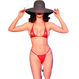 Chilirose Mikro-Bikini aus transparentem Tüll mit Strass, Rückansicht am Model