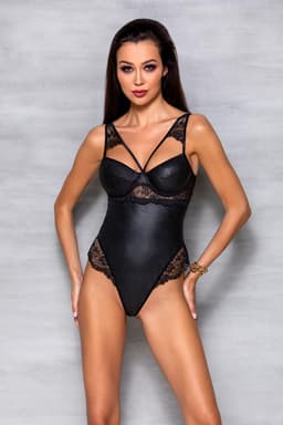 Passion Body in Schwarz, Rückenansicht mit Hakenverschluss, Nahaufnahme der Materialoberfläche