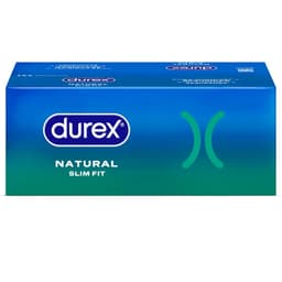 Durex Natural Slim Fit Kondompackung von der Rückseite mit Angaben zu Nennbreite und Material